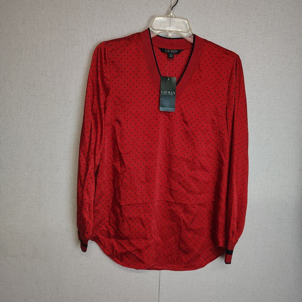 Lauren Ralph Lauren Blouse S Red Navy Polka Dot Preppy Quiet Luxury NWT
